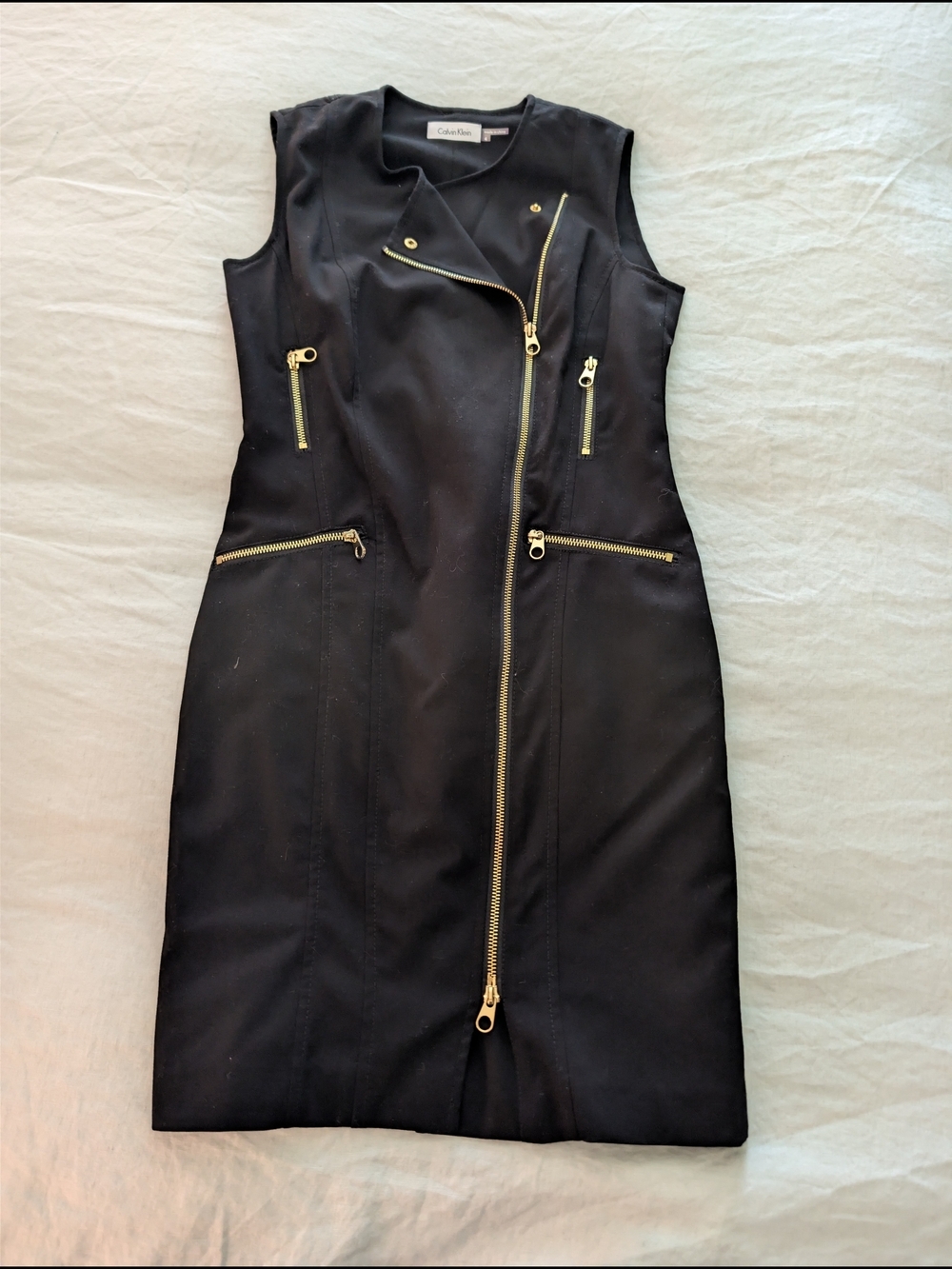 Calvin Klein Black Asymmetric Gold Zip Moto Sheath Dress 4